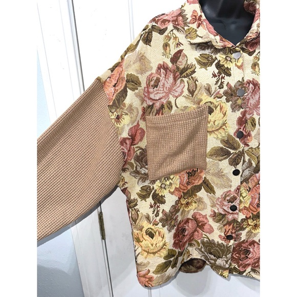 POL FLORAL WAFFLE KNIT PATCHWORK CHEST POCKETS BUTTONED JACKET - Picture 5 of 8